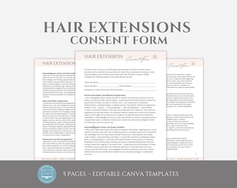 Könnte beinhalten: Ein hellbeige Einverständniserklärung für Haarverlängerungen mit dem Titel "Hair Extensions Consent Form" in dunkelgrauer Schrift. Das Formular enthält Abschnitte für Kundeninformationen und Servicedetails. Der untere Teil des Bildes lautet "5 PAGES - EDITABLE CANVA TEMPLATES".