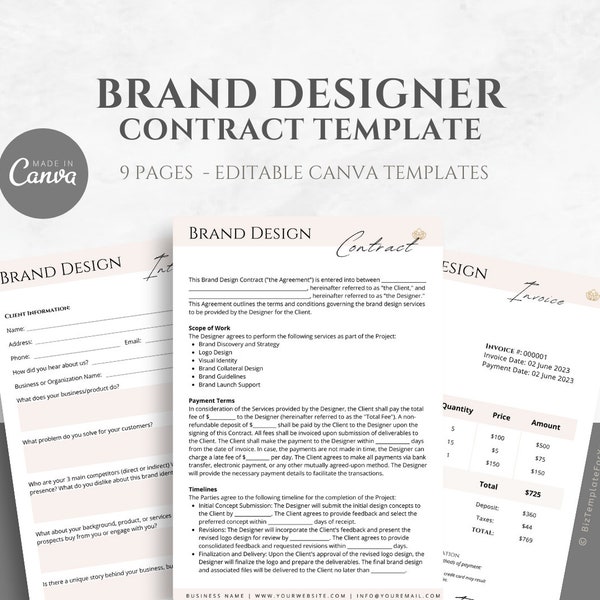 Editable Brand Design Contract Template, Freelance Graphic Design Service Agreement, incl. Intake Form and Invoice Template, Canva editable