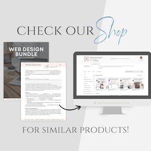 May include: A computer screen displaying a website with a variety of web design templates. The text "BizTemplateForYou" is visible in the bottom right corner of the screen. The text "CHECK OUR Shop" is written in a handwritten font above the computer screen. Below the computer screen, the text "FOR SIMILAR PRODUCTS!" is written in a bold font.
