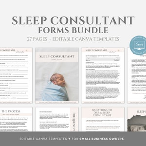 May include: A digital product bundle for sleep consultants. The bundle includes 27 pages of editable Canva templates. The cover image features a baby sleeping on a white sheet. The text on the cover reads "Sleep Consultant Forms Bundle".