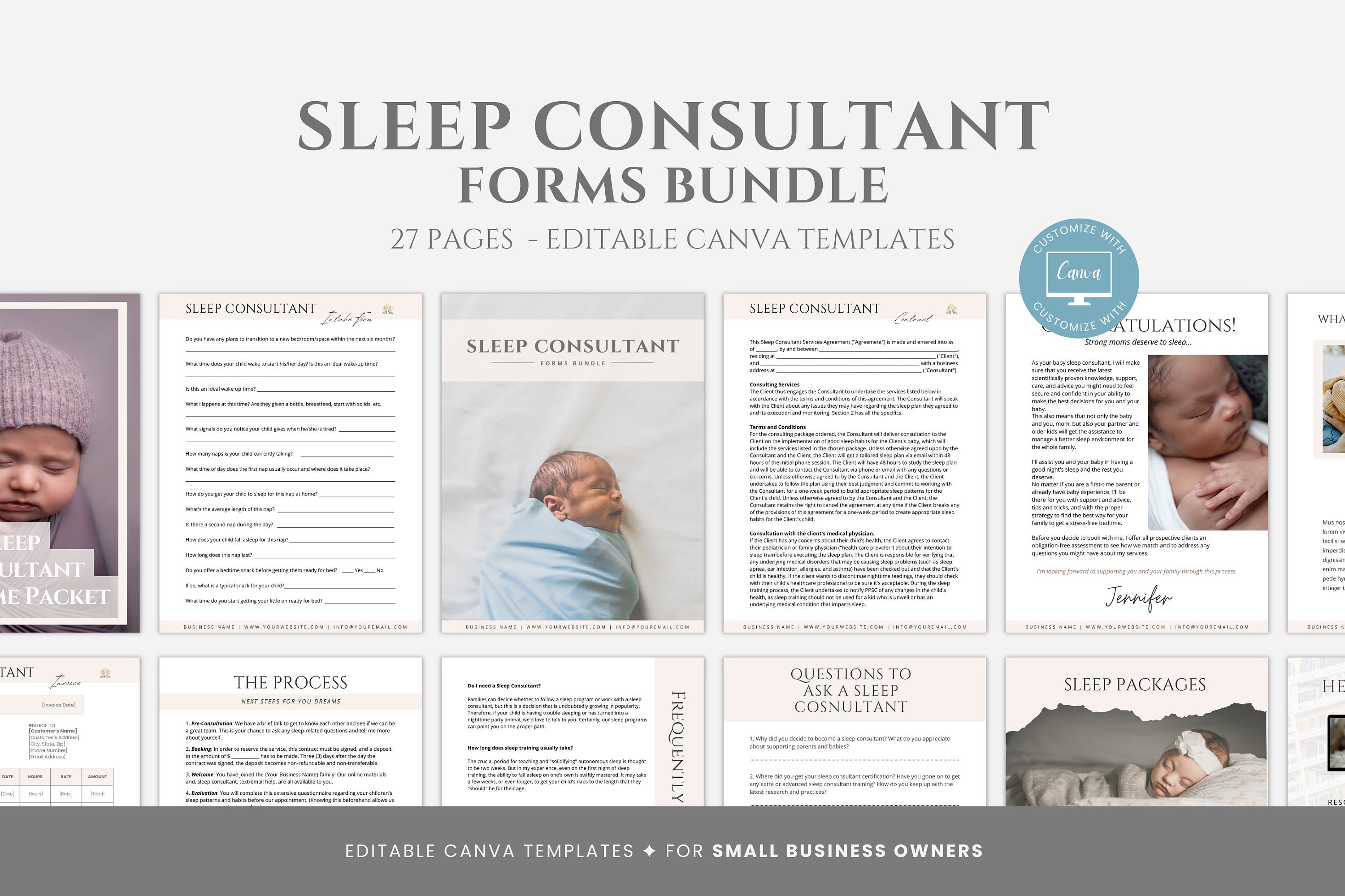 Editable Sleep Consultant Forms Bundle, Sleep Coach Starter Kit, Sleep Consultant Templates, Contract, Intake Form, Welcome Packet, Canva
