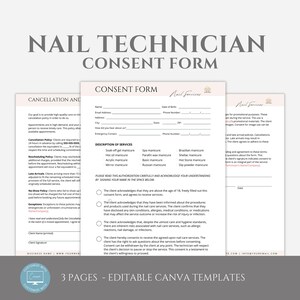 Peut inclure: Formulaire de consentement imprimable en trois pages pour les techniciennes en manucure. Le formulaire comprend des sections pour les informations sur le client, la description des services et l'accusé de réception et l'autorisation du client. Le formulaire est conçu pour être utilisé dans un salon de manucure professionnel.