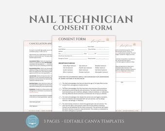 Editable Nail Technician Consent Form Template, Esthetician Business Forms, Nail Services Forms, Nail Consent Forms, Canva editable