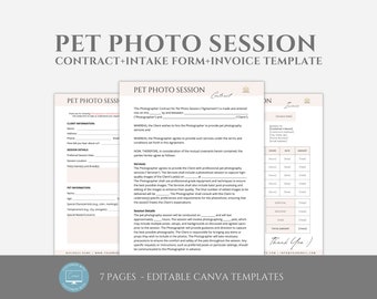 May include: A set of editable Canva templates for a pet photo session, including a contract, intake form, and invoice. The templates are in a neutral color scheme with the text "PET PHOTO SESSION" prominently displayed.