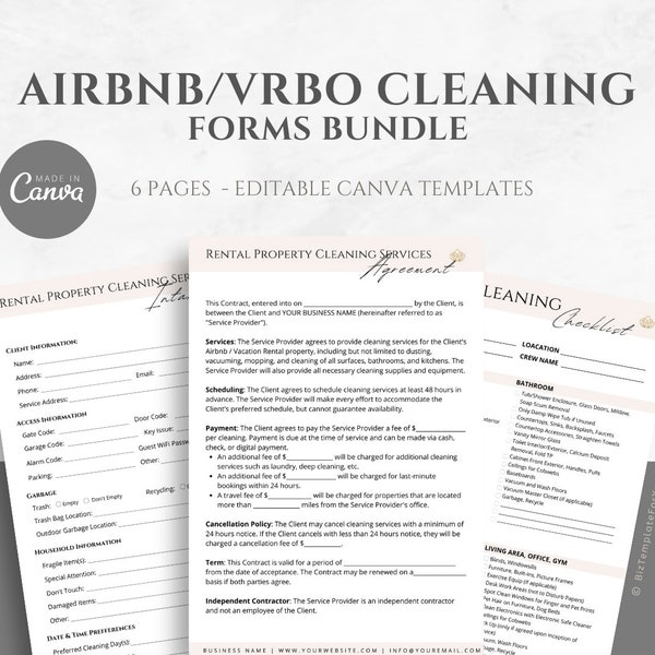Airbnb / VRBO Cleaning Services Contract Bundle, Cleaning Business Forms, Intake Form, Invoice, Easily editable Canva Templates for Cleaners