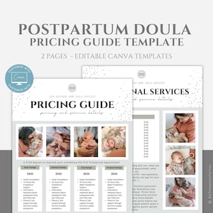 May include: A two-page postpartum doula pricing guide template with a white background and black polka dots. The template includes pricing for different postpartum doula packages and a list of additional services offered.