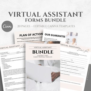 May include: A virtual assistant forms bundle with 20 editable Canva templates. The bundle includes a contract and client proposal template, a plan of action, and a guarantee. The text "Virtual Assistant Bundle" is featured on a white background.