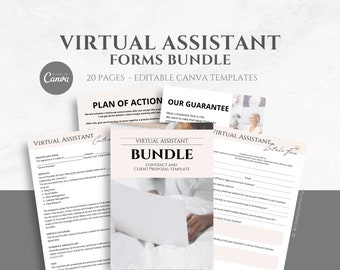 Könnte beinhalten: Ein virtuelles Assistenten-Formularpaket mit 20 editierbaren Canva-Vorlagen. Das Paket beinhaltet einen Vertrag und eine Kunden-Vorschlagsvorlage, einen Aktionsplan und eine Garantie. Der Text "Virtual Assistant Bundle" ist auf weißem Hintergrund dargestellt.