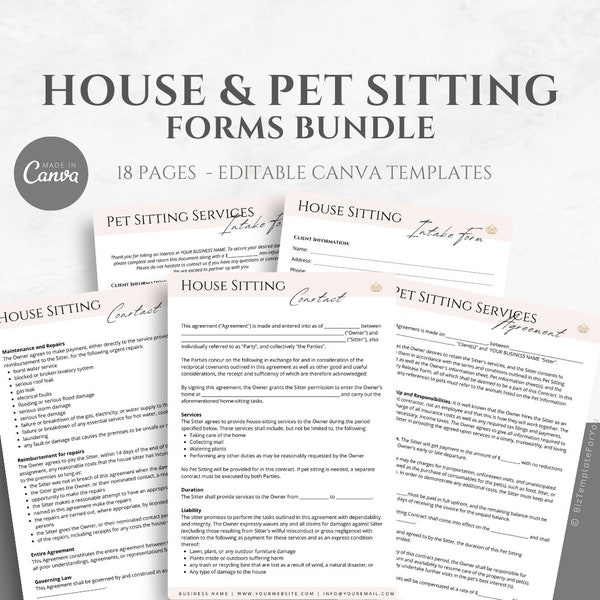 Editable House and Pet Sitting Contract Bundle, House & Pet Sitter Templates, Home and Pet Sitting Service Agreement, Sitter Business Forms