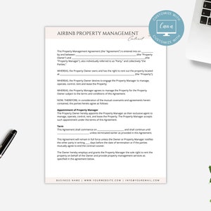 K&ouml;nnte beinhalten: Eine druckbare Airbnb-Immobilienverwaltungsvertragsvorlage in Schwarzwei&szlig;. Das Dokument enth&auml;lt den Titel "Airbnb Property Management Contract" und den Text "Customize with Canva" in einem blauen Kreis.