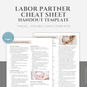 Editable Labor Partner Cheat Sheet Template, Birth Partner Info Sheet, Handout Template for Birth Doulas, Midwives, Canva editable