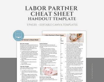 Editable Labor Partner Cheat Sheet Template, Birth Partner Info Sheet, Handout Template for Birth Doulas, Midwives, Canva editable
