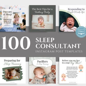 Könnte beinhalten: Ein Set mit 100 Instagram-Post-Vorlagen für Schlafberater. Die Vorlagen zeigen Bilder von Babys und Text über Schlafentwöhnung, Kindertagesstätte, Zahnen und nächtliches Aufwachen.