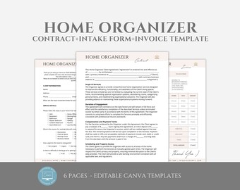 Editable Home Organizer Client Agreement, Client Intake Form, Organizing Contract Template, Invoice Template, Canva Service Agreement
