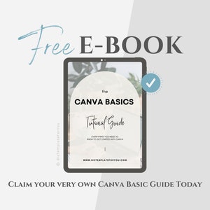 以下が含まれることがあります： 「The Canva Basics Tutorial Guide」というタイトルの無料電子書籍が表示されているデジタルタブレット。電子書籍の表紙には緑色の植物と「Canvaを使い始めるために必要なものすべて」というテキストが書かれています。