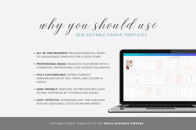 May include: A laptop computer screen displaying a Canva template with the text "why you should use our editable Canva templates". The text highlights the benefits of using Canva templates, including being an all-in-one resource, professional image enhancer, fully customizable, user-friendly, and cost-effective.