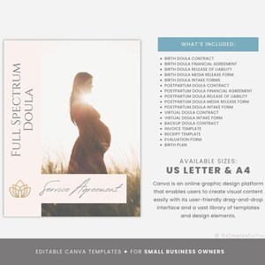 Op de afbeelding: Bewerkbare Canva-sjablonen voor kleine ondernemers, met een roze en wit ontwerp, een foto van een zwangere vrouw en de tekst "Full Spectrum Doula" en "Service Agreement". De tekst "What's Included" somt verschillende aangeboden diensten op, waaronder geboorte-doulacontract, kraam-doulacontract, virtueel doulacontract en meer. De tekst "Available Sizes" somt US Letter en A4 op.