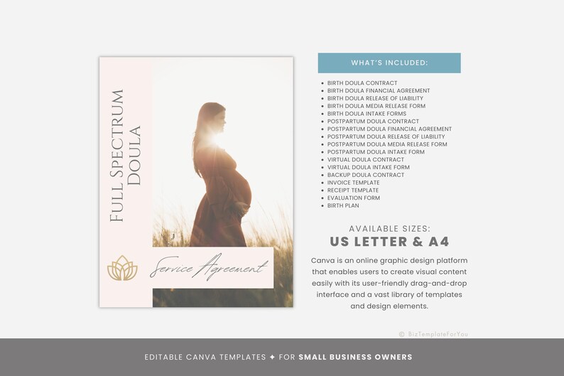 Op de afbeelding: Bewerkbare Canva-sjablonen voor kleine ondernemers, met een roze en wit ontwerp, een foto van een zwangere vrouw en de tekst "Full Spectrum Doula" en "Service Agreement". De tekst "What's Included" somt verschillende aangeboden diensten op, waaronder geboorte-doulacontract, kraam-doulacontract, virtueel doulacontract en meer. De tekst "Available Sizes" somt US Letter en A4 op.