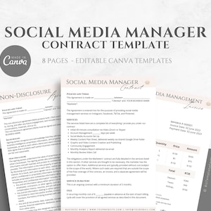 Editable Social Media Manager Contract Template, Freelance Social Media Management Agreement, incl. Non Disclosure and Invoice Template