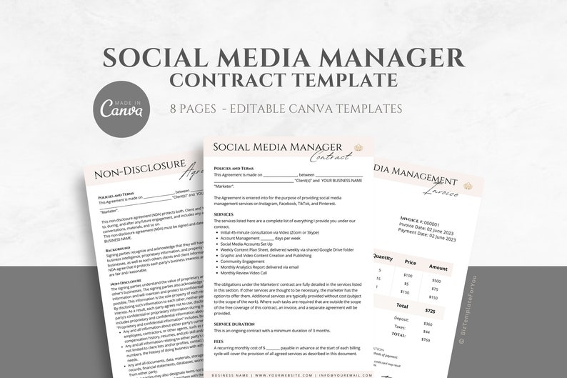 Puede incluir: Una plantilla de contrato de administrador de redes sociales con un acuerdo de confidencialidad, pol&iacute;ticas y t&eacute;rminos, servicios, duraci&oacute;n del servicio, tarifas y una factura. La plantilla est&aacute; hecha con Canva y es editable.