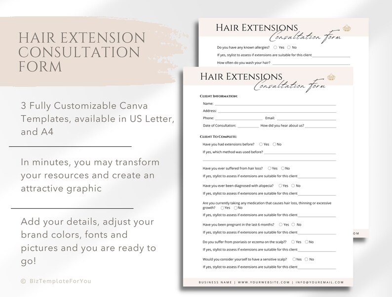 Fully Editable Hair Extension Consultation Form Template for Etsy