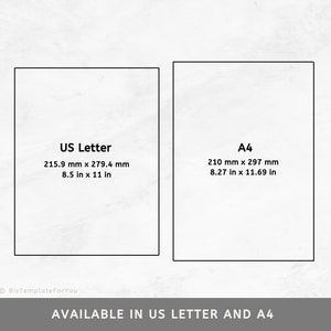May include: Two white rectangles with black borders, each showing the dimensions of a standard US Letter and A4 paper size in both inches and millimeters. The text "AVAILABLE IN US LETTER AND A4" is below the rectangles.