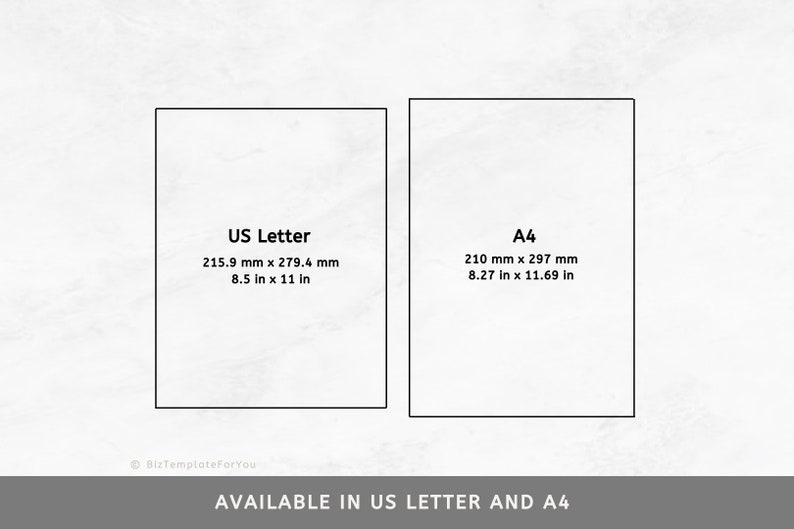 May include: Two white rectangles with black borders, each showing the dimensions of a standard US Letter and A4 paper size in both inches and millimeters. The text "AVAILABLE IN US LETTER AND A4" is below the rectangles.
