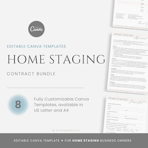 May include: Editable Canva templates for home staging businesses. The image shows a set of 8 customizable templates, available in US Letter and A4 sizes. The templates include contracts, agreements, and damage incident reports.