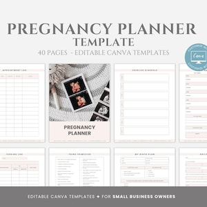 May include: A printable pregnancy planner template with 40 pages, designed for use with Canva. The template includes sections for appointments, feeding logs, exercise schedules, and more. The cover features a pink and white design with the text "Pregnancy Planner" and a photo of an ultrasound.