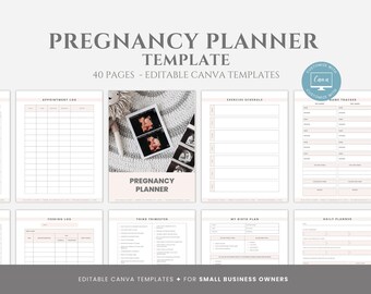 May include: A printable pregnancy planner template with 40 pages, designed for use with Canva. The template includes sections for appointments, feeding logs, exercise schedules, and more. The cover features a pink and white design with the text "Pregnancy Planner" and a photo of an ultrasound.