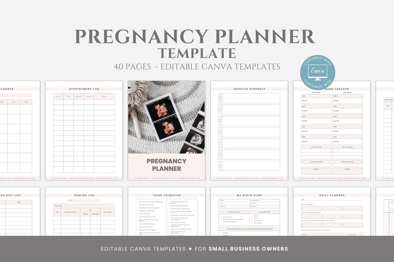 May include: A printable pregnancy planner template with 40 pages, designed for use with Canva. The template includes sections for appointments, feeding logs, exercise schedules, and more. The cover features a pink and white design with the text "Pregnancy Planner" and a photo of an ultrasound.
