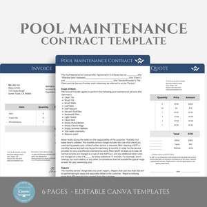 Editable Pool Service Contract Template, Residential Pool Maintenance Service Agreement, Independent Contractor Agreement, Canva editable