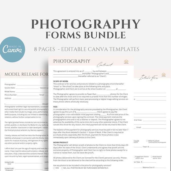 Editable Photography Contract Template. Photography Business Forms. Contract for Photographers. Canva Contract Template. Invoice Template.