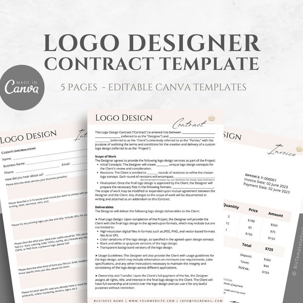 Editable Logo Designer Contract Template, Freelance Graphic Design Service Agreement, incl. Intake Form and Invoice Template, Canva editable