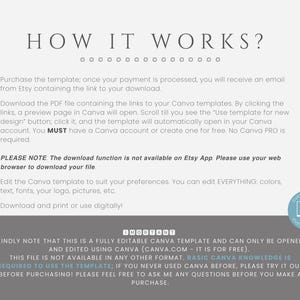 May include: A text-based image explaining how to use a Canva template. The image includes the text "HOW IT WORKS?" and instructions on how to download and edit the template. The image also includes a note that the download function is not available on the Etsy app and that users should use a web browser to download the file.