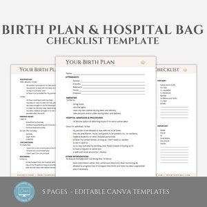 Editable Birth Plan Template, incl. Hospital Bag Checklist Template, Labor and Delivery Preferences Canva Template for Doulas and Midwives