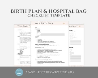 Editable Birth Plan Template, incl. Hospital Bag Checklist Template, Labor and Delivery Preferences Canva Template for Doulas and Midwives