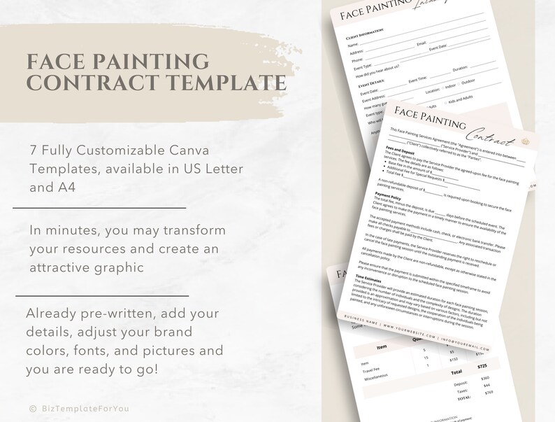 Editable Face Painting Contract Template Event Face Painter Etsy