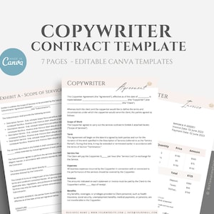 Pode incluir: Um modelo de contrato em preto e branco para um redator. O documento inclui um escopo de serviço, um acordo e uma fatura. O texto na fatura diz "Fatura # - 000001 Data da fatura: 01 de junho de 2023 Data de pagamento: 02 de junho de 2023".