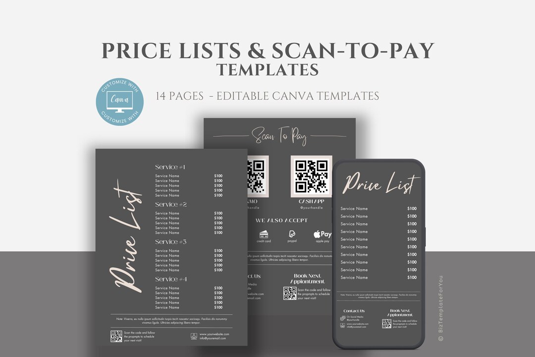 Editable Scan to Pay Template, Small Business Price List Canva Template ...