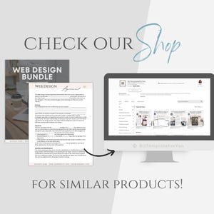 May include: A screenshot of a computer screen showing a website with a variety of digital products for sale. The website is called "BizTemplatesForYou" and features a variety of templates for web design, social media, and other business needs. The text "CHECK OUR Shop" is written in a handwritten font above the image.