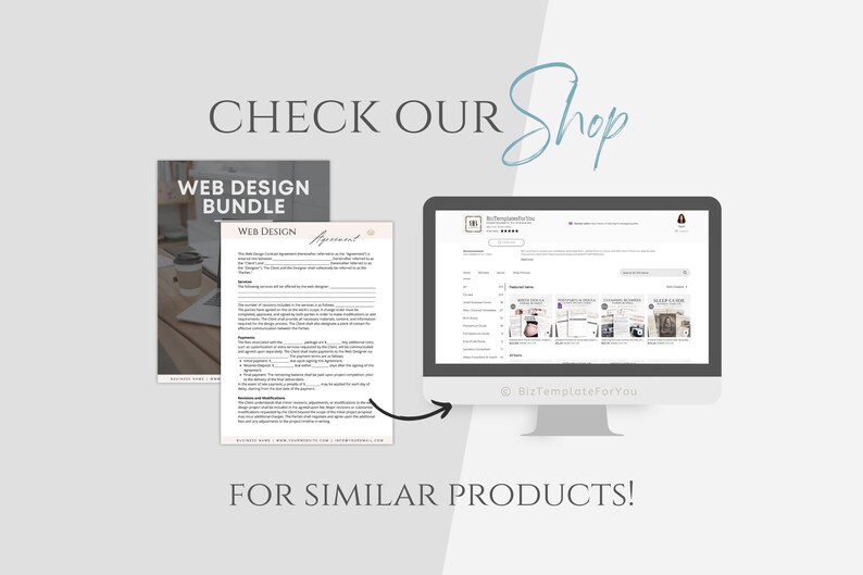 May include: A screenshot of a computer screen showing a website with a variety of digital products for sale. The website is called "BizTemplatesForYou" and features a variety of templates for web design, social media, and other business needs. The text "CHECK OUR Shop" is written in a handwritten font above the image.