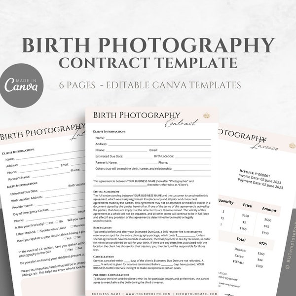 Editable Birth Photographer Contract Template Bundle, Including Intake Form & Invoice. Made in Canva for Freelance Photographers