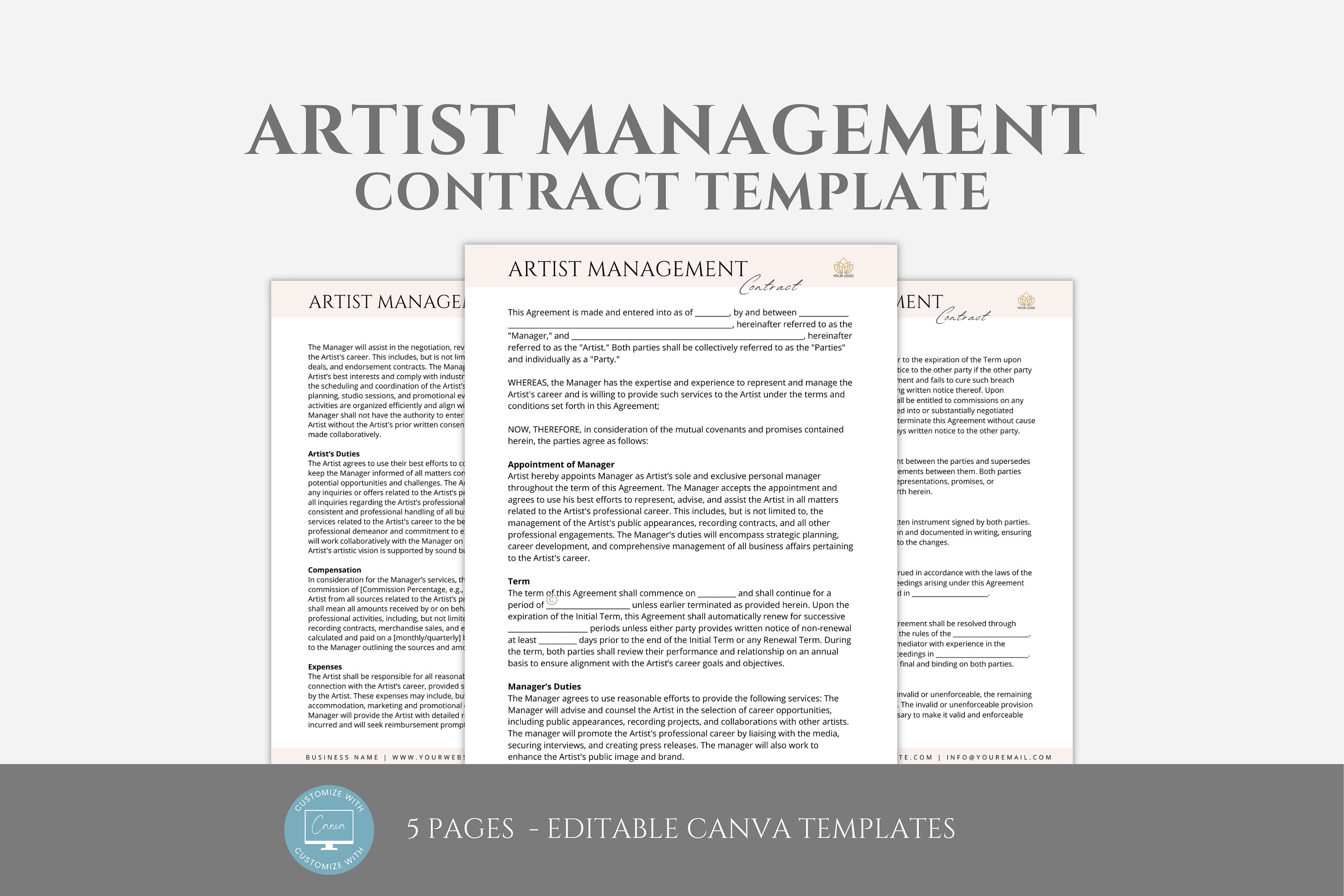 Creative Contract Example Editable Artist Management Contract Template. Talent Agency Service ...