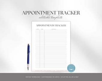 Appointment Tracker Template, Editable Appointment Log Form, Small Business Schedule Planner, Meeting Tracker, US Letter, A4, A5, Half Size