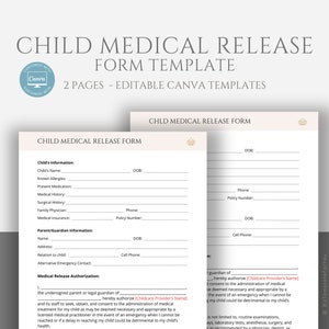 Editable Child Medical Release Form for Childcare Service Providers, Daycare Medical Consent Form Template, Minor Medical Release Form,Canva