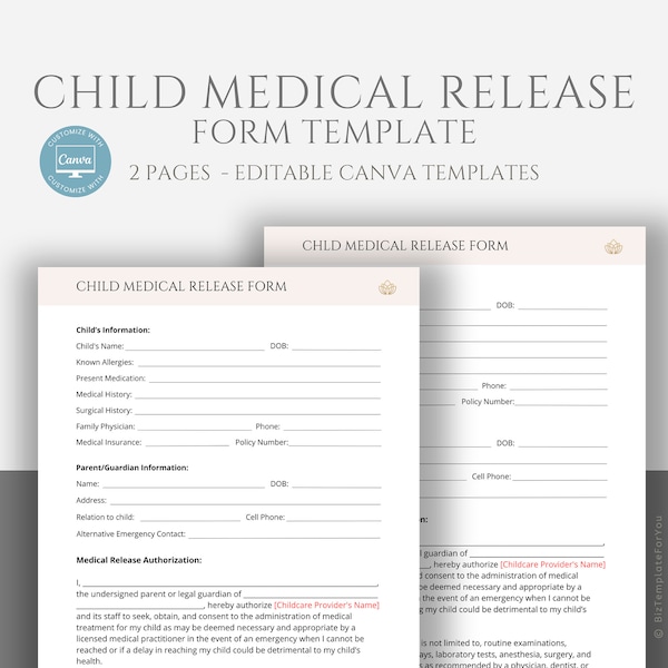 Editable Child Medical Release Form for Childcare Service Providers, Daycare Medical Consent Form Template, Minor Medical Release Form,Canva