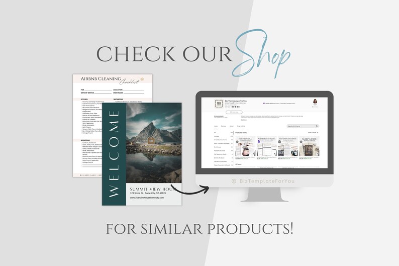 K&ouml;nnte beinhalten: Ein Computerbildschirm zeigt eine Website mit einer Vielzahl von digitalen Produkten, darunter druckbare Checklisten und Vorlagen. Die Website hei&szlig;t "BizTemplateForYou". Der Text "CHECK OUR Shop" ist in gro&szlig;er Schrift &uuml;ber dem Bild geschrieben. Der Text "FOR SIMILAR PRODUCTS!" ist unter dem Bild geschrieben.
