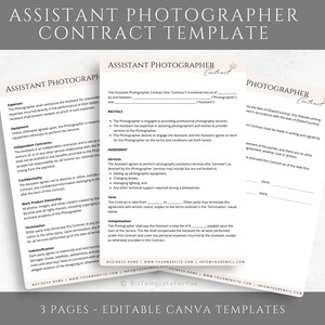 May include: A three-page contract template for an assistant photographer. The template includes sections for recitals, agreement, services, compensation, and termination. The document is designed to be edited in Canva.