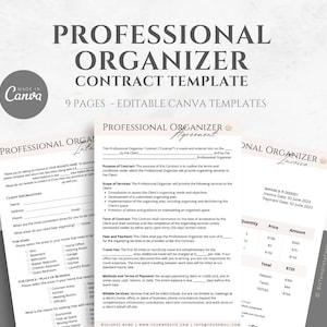 Editable Professional Organizer Contract Template, Client Intake Form, Organizing Service Agreement, Invoice Template, Canva editable